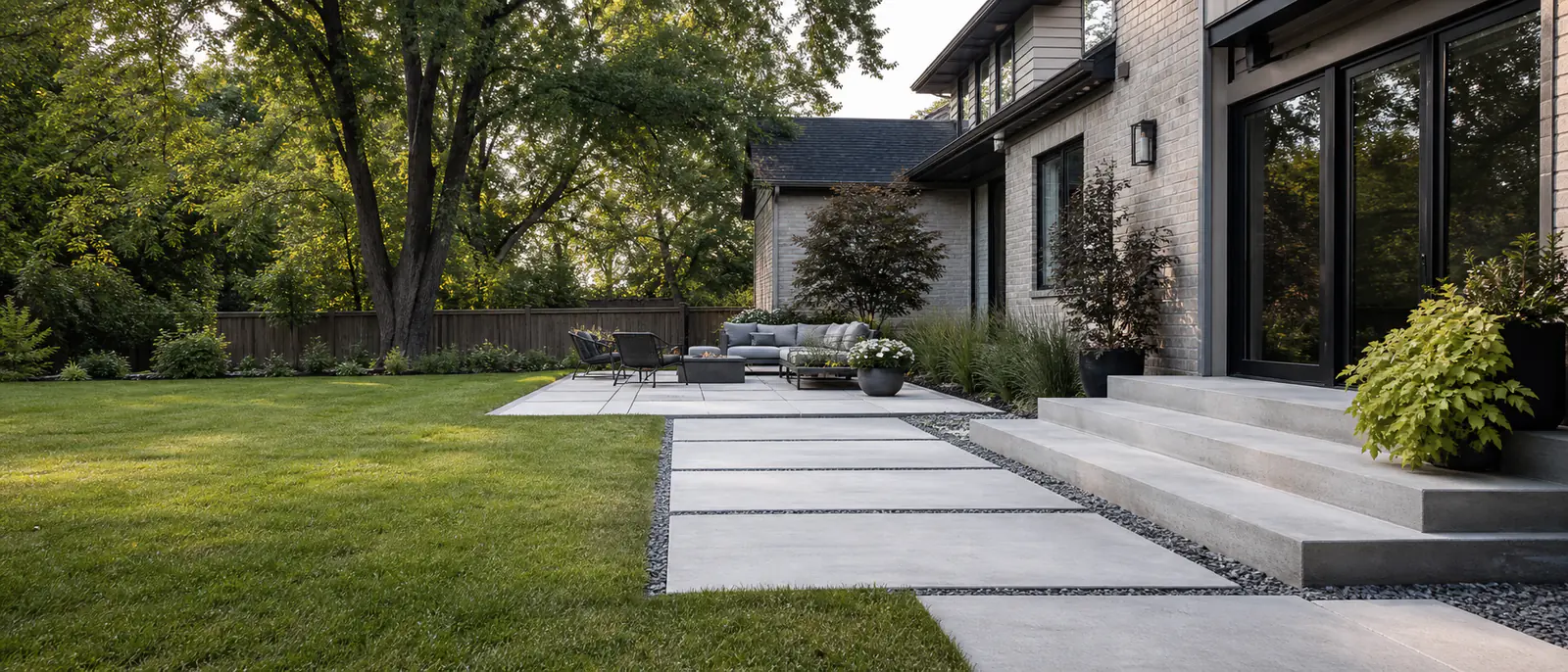 Residential home with concrete driveway and front walkway.